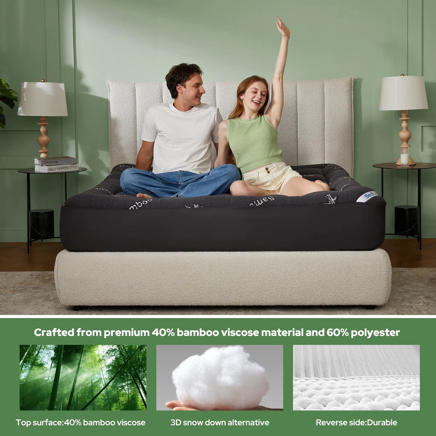 Bamboo Cooling Mattress Topper with Fitted Sheet.